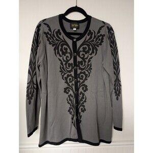 Bob Mackie Wearable Art Top Button Cardigan Women's Large Gray Art Mature Luxury